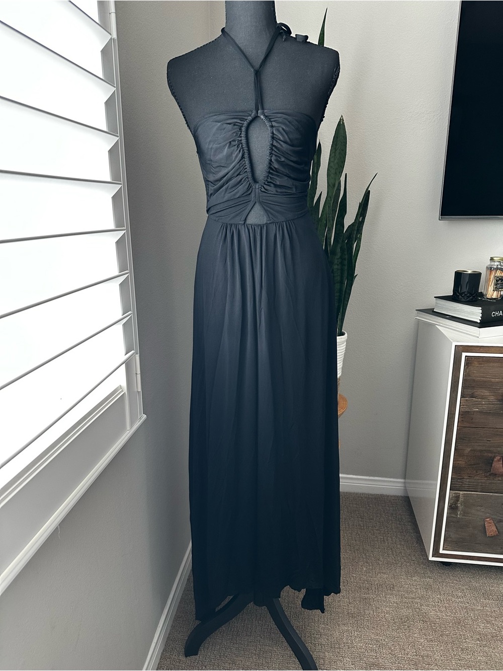 Ramy Brook Black Halter Maxi with Ruched Keyhole Bodice